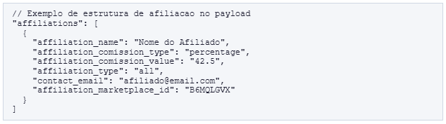 Visão do payload do Webhook contendo informações sobre Afiliados e Coprodutores